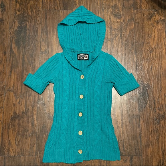 Y2K Green Cable Knit Hooded Cardigan Size M - Picture 3 of 7